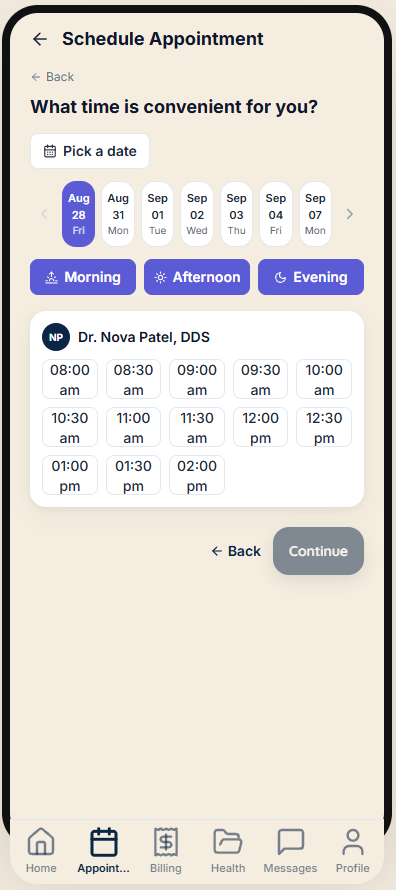 June patient app showing self-scheduling with real open appointment times