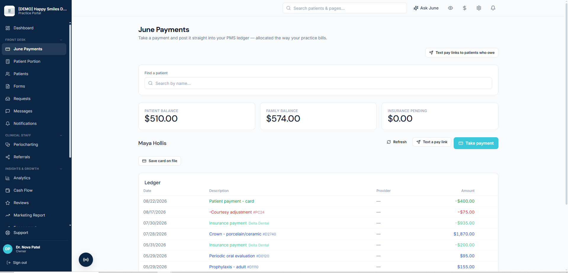 June Practice Portal showing patient balances and the PMS ledger