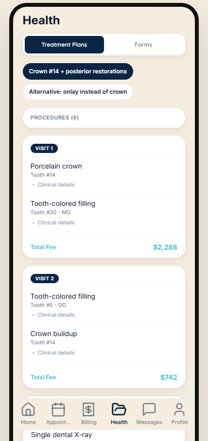 June patient app showing a treatment plan broken out by visit and cost