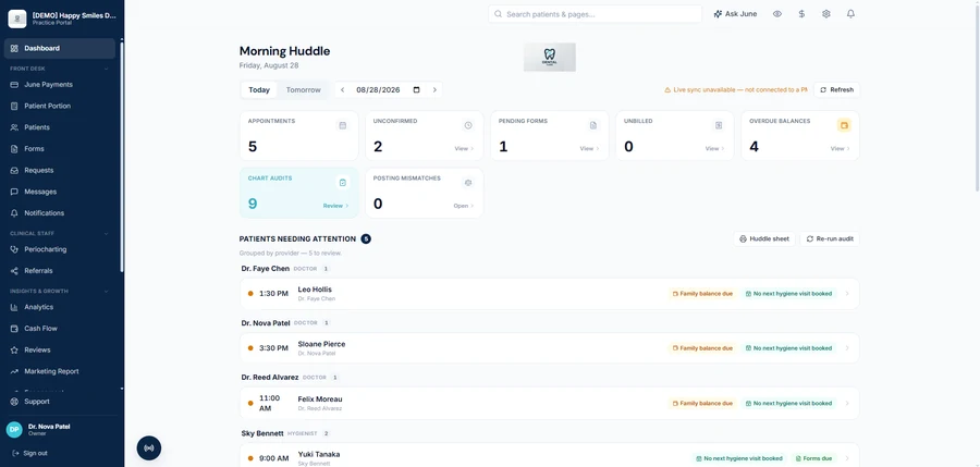 June Practice Portal Morning Huddle with appointment, form, balance, and chart audit counts for the day