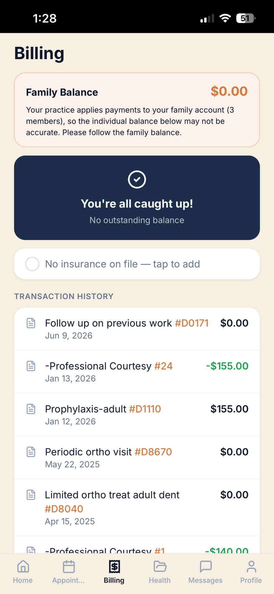 June patient app billing screen showing family balance and transaction history
