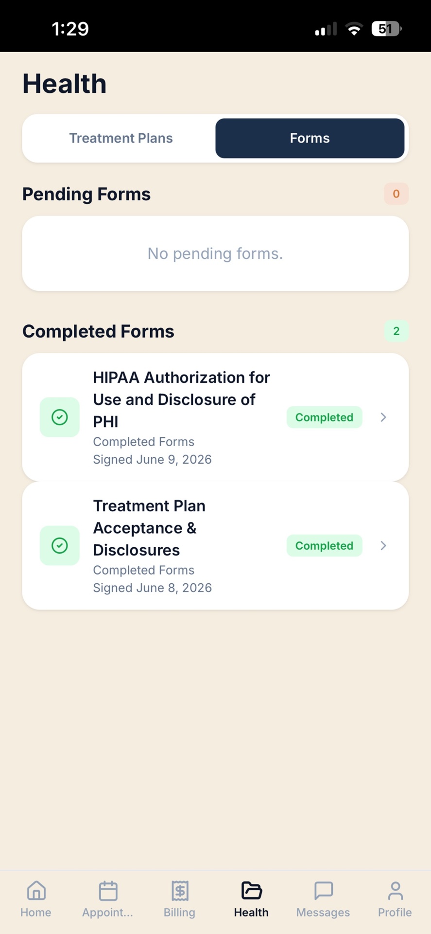 June patient app health forms screen with pending and completed forms