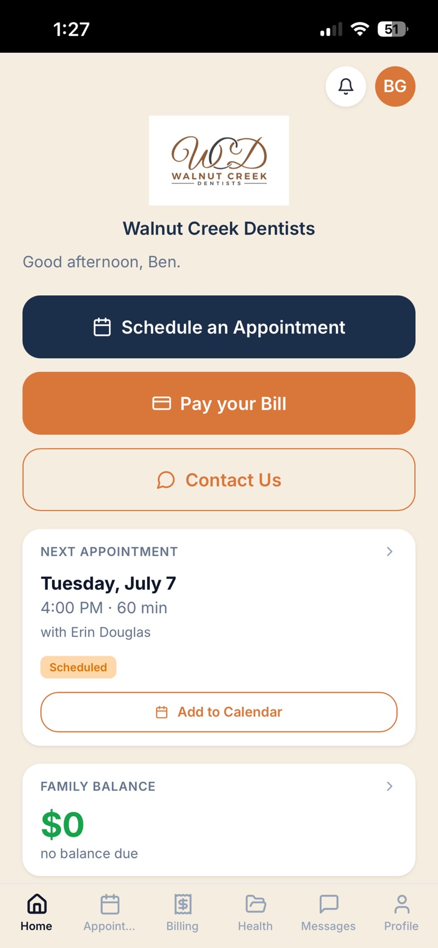 June patient app home screen for Walnut Creek Dentists with schedule, pay bill, and next appointment